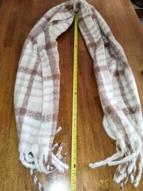 Steve Madden Cream Plaid Scarf Fringe Scarves Ivory One Size Cozy